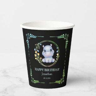 Niedlicher Hippopotamus Blume Wreath Birthday Blac Pappbecher