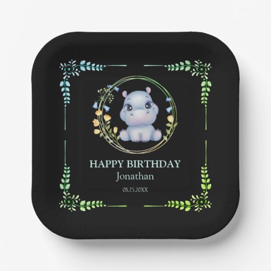Niedlicher Hippopotamus Blume Wreath Birthday Blac Pappteller (Vorderseite)