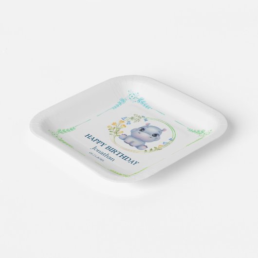 Niedlicher Hippopotamus Blume Wreath Happy Birthda Pappteller (Gewinkelt)