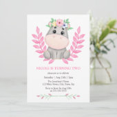 Niedlicher Hippopotamus Floral 2. Geburtstag Einladung (Stehend Vorderseite)