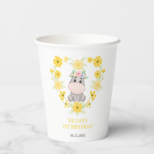 Niedlicher Hippopotamus Gelbe Blume Herz 1. Geburt Pappbecher
