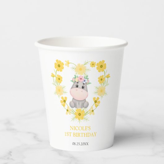 Niedlicher Hippopotamus Gelbe Blume Herz 1. Geburt Pappbecher (Vorderseite)