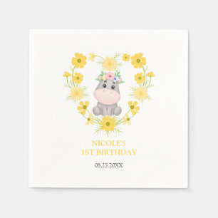 Niedlicher Hippopotamus Gelbe Blume Herz 1. Geburt Serviette
