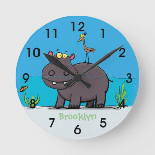 Niedlicher Hippopotamus mit Vogel Cartoon rund cl Runde Wanduhr