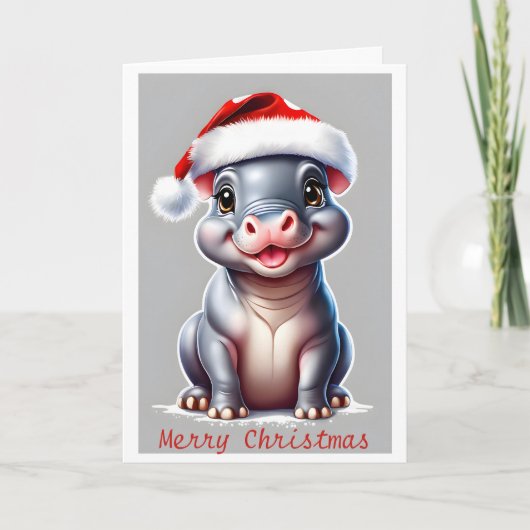 Niedlicher Hippopotamus Weihnachtsmannmütze Weihna Feiertagskarte (Vorderseite)