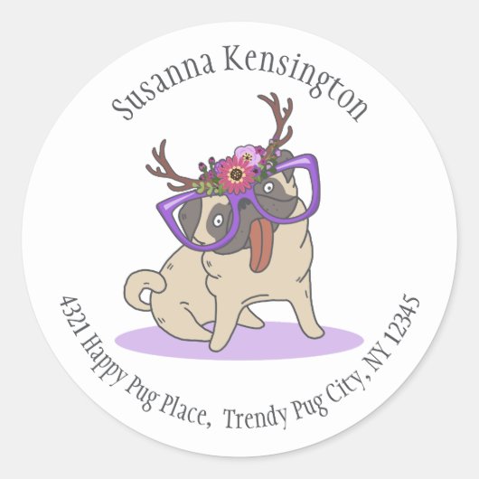 Niedlicher Hipster Boho Hippie Mops Big Glassadres Runder Aufkleber (Vorderseite)