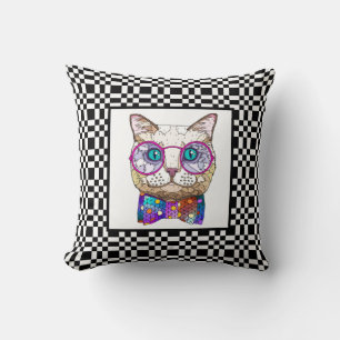 Niedlicher Hipster-Cat auf B&W-Checkerboard Kissen