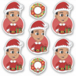 Niedlicher hispanischer Weihnachtsjunge Cartoon Aufkleber<br><div class="desc">Set von sieben Vinyl-Aufklebern mit einer Illustration eines niedlichen kleinen,  glücklichen Hispanic/Latino-Jungen mit kurzem schwarzem Haar,  der in Weihnachtskleider gekleidet ist und einen roten Weihnachtshut trägt; fünf Aufkleber des Jungen und zwei Aufkleber mit einem Weihnachtskranz</div>