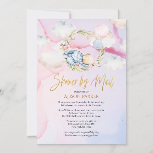 Niedlicher Holzbär Pink Sky Baby Dusche von Mail Einladung (Vorderseite)