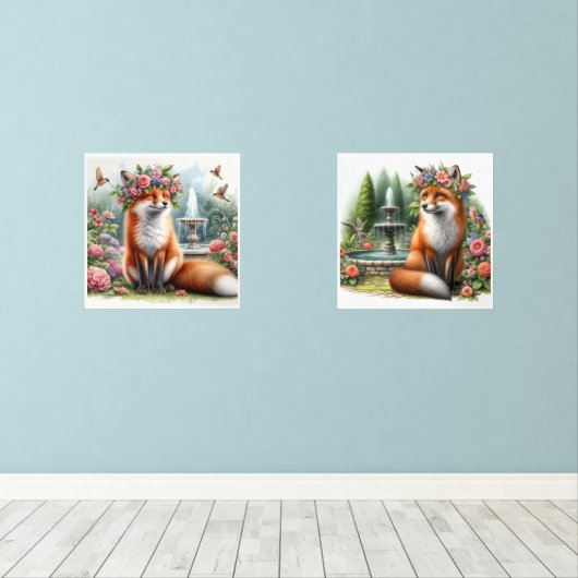 Niedlicher Holzfuchs im Blumengarten Print-Set Bilderwand Sets (Holzboden)
