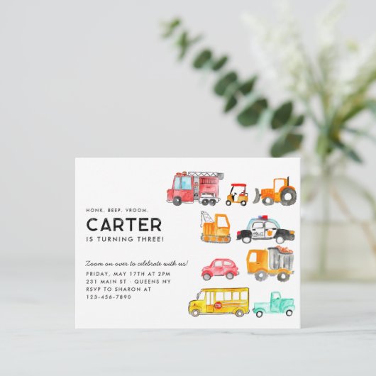 Niedlicher Honk Beep Vroom Transportation Kinderge Postkarte (Stehend Vorderseite)