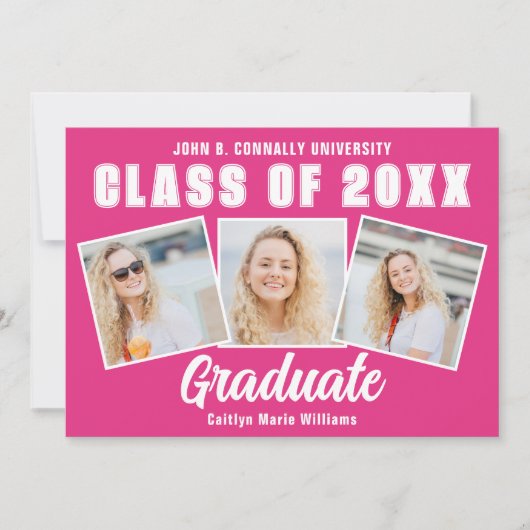 Niedlicher Hot-Pink-Abschluss Fotocollage Graduate Ankündigung (Vorderseite)