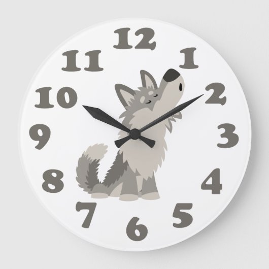 Niedlicher Howling Cartoon Wolf und Zahlen Wall Cl Große Wanduhr (Vorderseite)