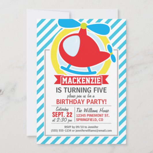 Niedlicher Hubschrauber; Blaue und weiße Streifen Einladung (Vorderseite)