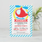 Niedlicher Hubschrauber; Blaue und weiße Streifen Einladung (Stehend Vorderseite)