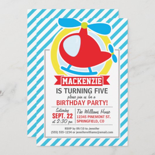 Niedlicher Hubschrauber; Blaue und weiße Streifen Einladung (Vorne/Hinten)