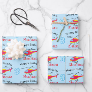 Niedlicher Hubschrauber Geburtsname und -alter Geschenkpapier Set