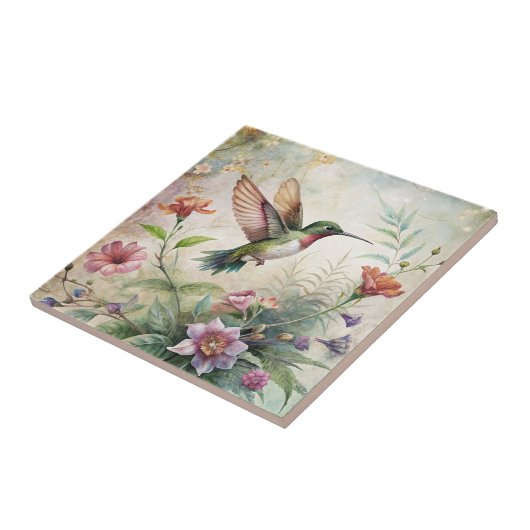 Niedlicher Hummingvogel auf Blume Fliese (Seite)