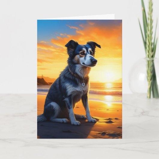 Niedlicher Hund am Strand bei Sunset | Happy Birth Karte (Vorderseite)