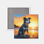 Niedlicher Hund am Strand bei Sunset Magnet (Vorderseite/Rückseite)
