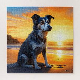 Niedlicher Hund am Strand bei Sunset Puzzle