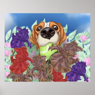 Niedlicher Hund auf einem Feld der Blume. Poster