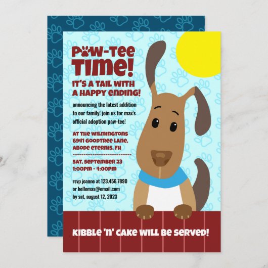 Niedlicher Hund auf Zaun Pet Adoption Pawprints PW Einladung (Vorne/Hinten)