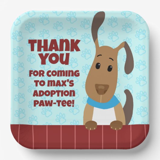 Niedlicher Hund auf Zaun Pet Adoption Pawprints Vi Pappteller (Vorderseite)