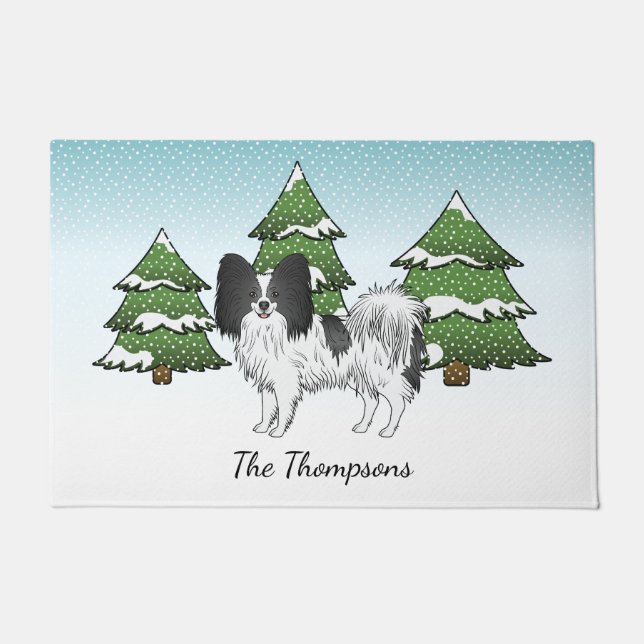 Niedlicher Hund aus Schwarz-Weiß-Papillen im Winte Fußmatte (Vorderseite)