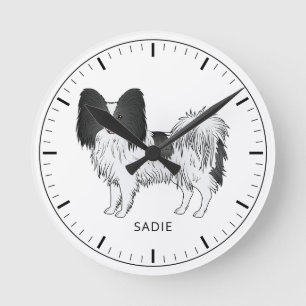 Niedlicher Hund aus schwarz-weißem Papillon mit be Runde Wanduhr