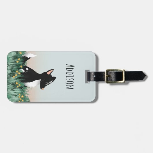 Niedlicher Hund Cartoon mit Blume Kinder Gepäckanhänger (Vorderseite horizontal)