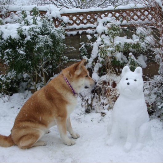 niedlicher Hund, der bei Weihnachten mit Schneeman Keramikornament