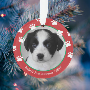 Niedlicher Hund Erste Weihnachtspaw druckt Rot Grü Ornament