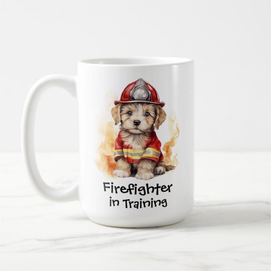 Niedlicher Hund Fireman Anzug Feuerwehrmann in der Kaffeetasse (Links)
