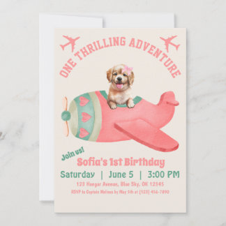 Niedlicher Hund Flying Airplane Rosa Aquarell Gebu Einladung