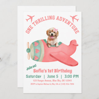 Niedlicher Hund Flying Airplane Rosa Aquarell Gebu Einladung