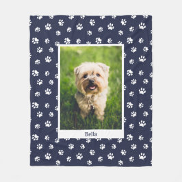 Niedlicher Hund Foto Name White Paw Prints Navy Bl Fleecedecke
