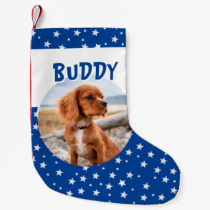 Niedlicher Hund Foto Pet Blue Star Muster Kleiner Weihnachtsstrumpf