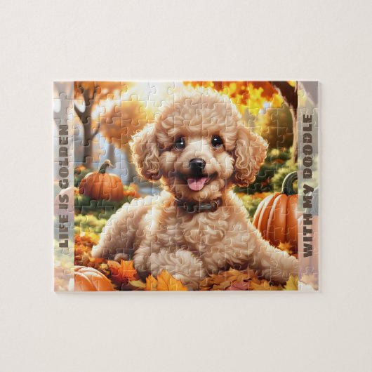 Niedlicher Hund Goldendoodle Welpe Fall Pumpkin Na Puzzle (Horizontal)