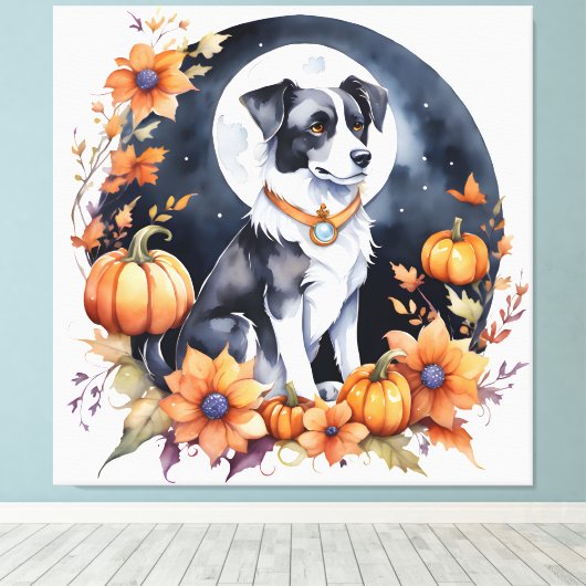 Niedlicher Hund Halloween Blumenmoon Canine Lover Leinwanddruck (Insitu (Holzboden))