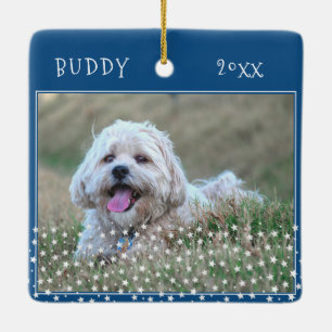 Niedlicher Hund Haustier 2 Fotos Star Pattern Blau Keramikornament