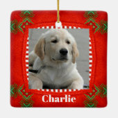 Niedlicher Hund Haustier Foto Rotes Grün Weihnacht Keramikornament (Rückseite)