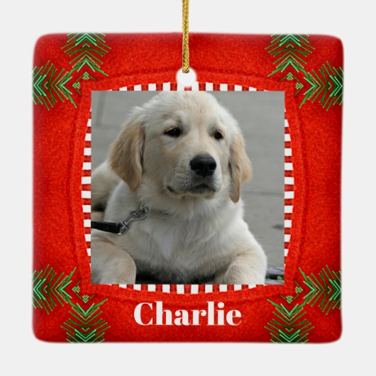 Niedlicher Hund Haustier Foto Rotes Grün Weihnacht Keramikornament (Rückseite)