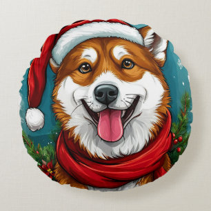 Niedlicher Hund im Santa-Outfit Rundes Kissen