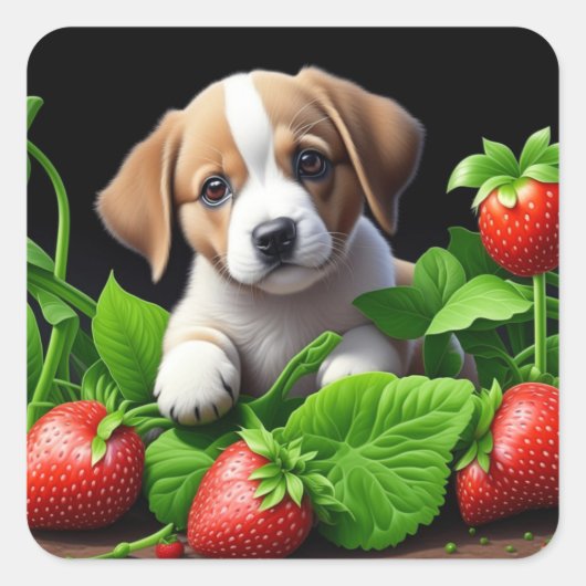 Niedlicher Hund in einem Haufen Erdbeeren Quadratischer Aufkleber (Vorderseite)