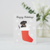 Niedlicher Hund in einem Strumpf Schneeflocken Postkarte (Stehend Vorderseite)