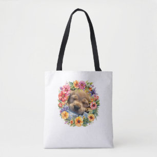 niedlicher Hund in farbenfrohen Blume schläfriger Tasche