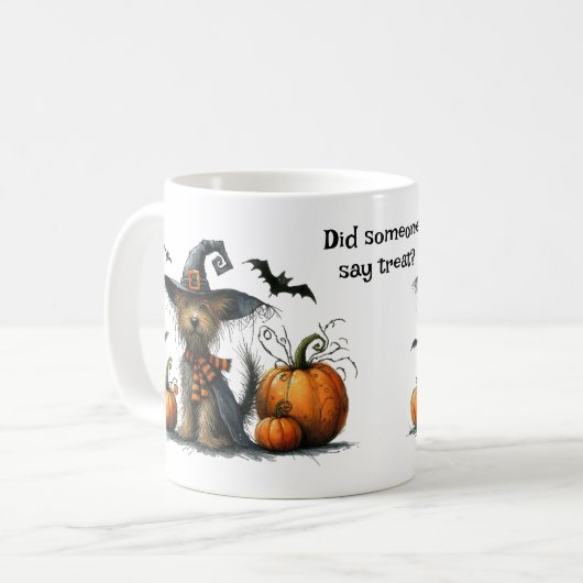 Niedlicher Hund in Hexenhut hat jemand Leckerei ge Kaffeetasse (Vorderseite Links)