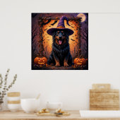 Niedlicher Hund in Hexenhut umgeben von Kürbisgewä Poster (Küche)