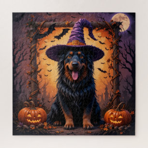 Niedlicher Hund in Hexenhut umgeben von Kürbisgewä Puzzle